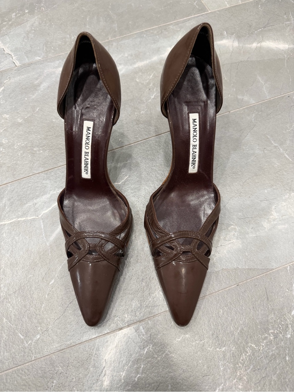 Manolo Blahnik Dark Brown Pointed-Toe D'Orsay Pumps with Woven Strap Detail